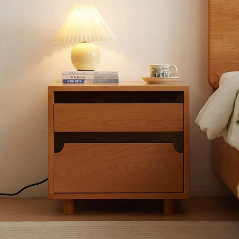 Stylish Glass Drawers Cherry Wood Nightstand