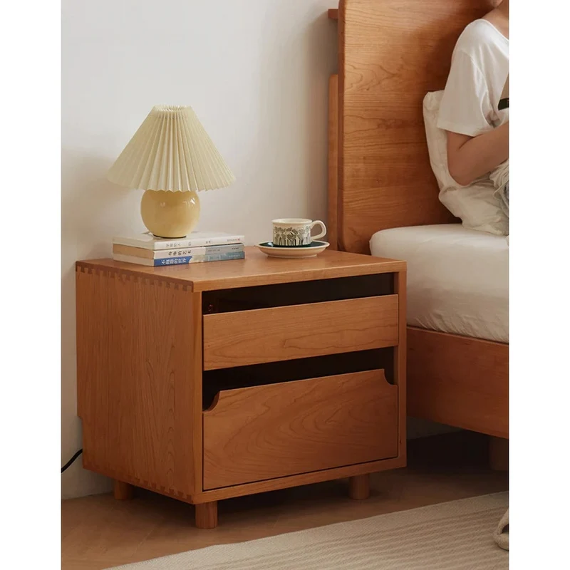 Stylish Glass Drawers Cherry Wood Nightstand