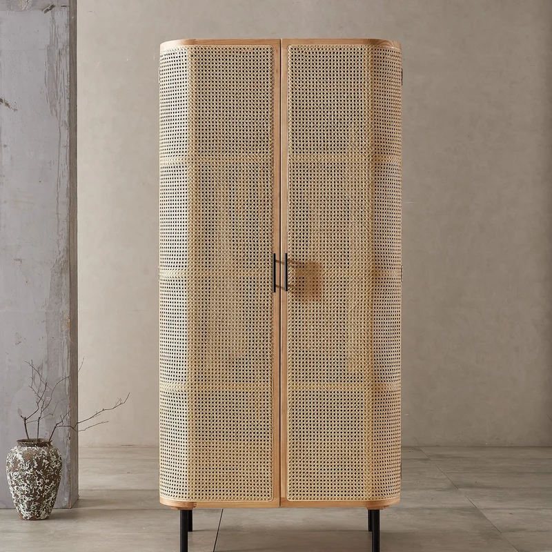 Serenity Solid Ash Wood Wardrobe with 2 Big Rattan Doors