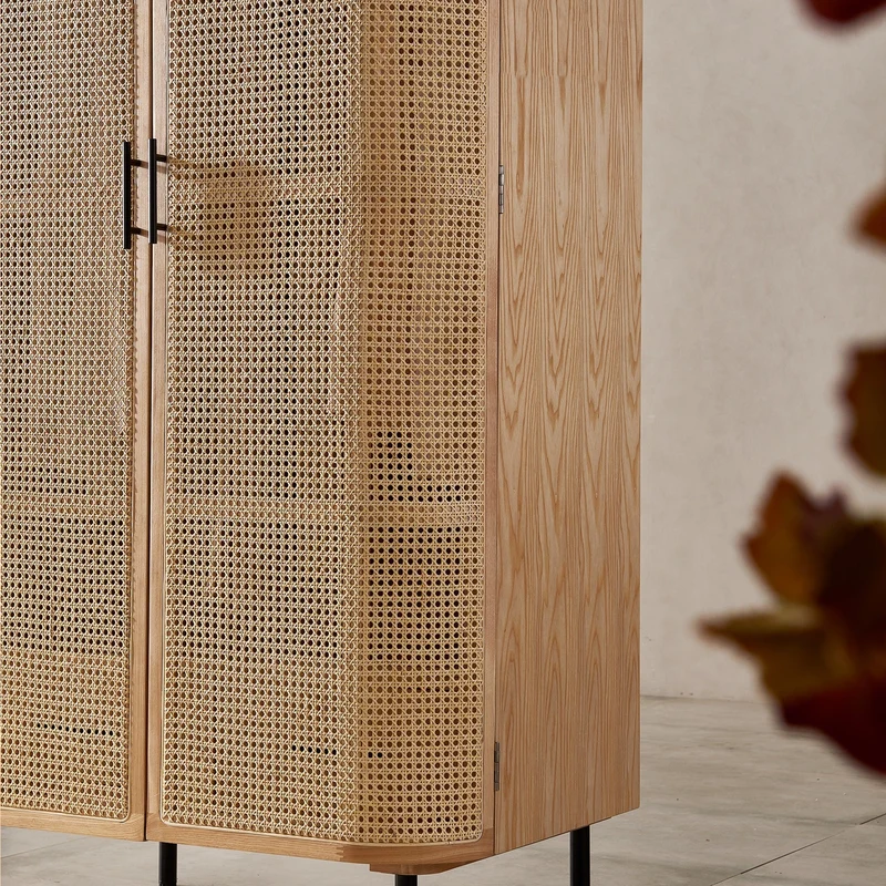 Serenity Solid Ash Wood Wardrobe with 2 Big Rattan Doors