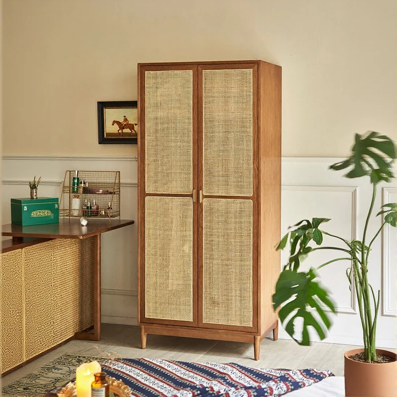 Versatile Solid Cherry Wood Rattan Wardrobe