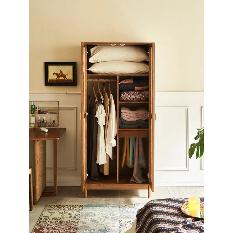 Versatile Solid Cherry Wood Rattan Wardrobe