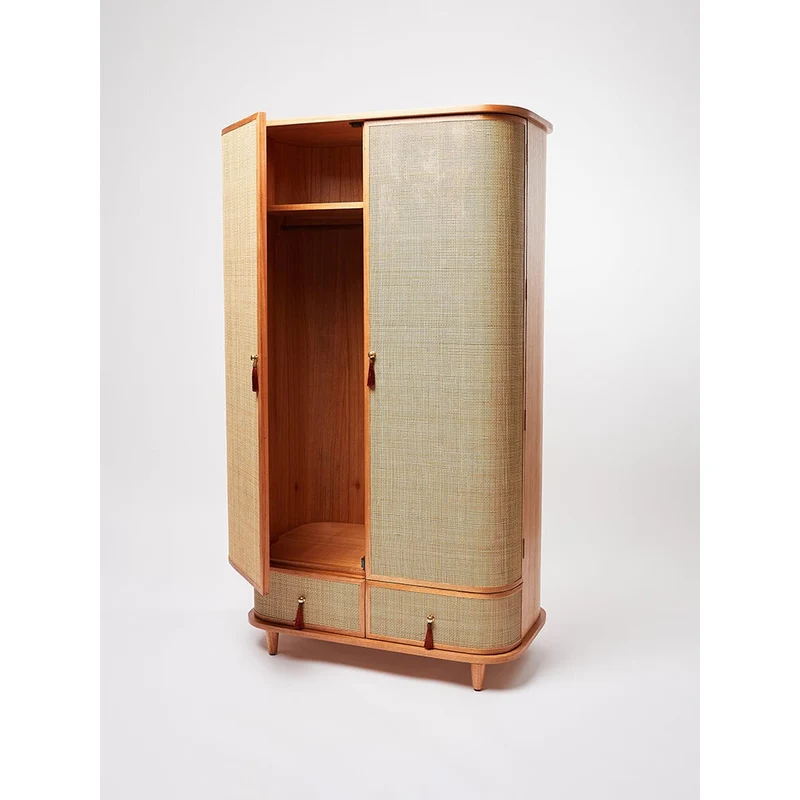 Bespoke High-End Rattan Cherry Wood Wardrobe