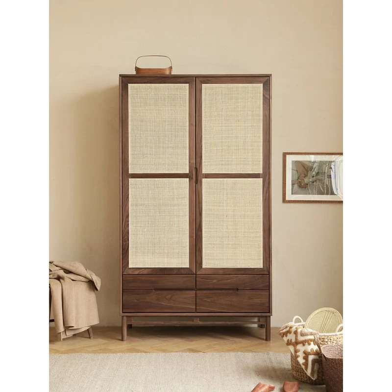 Japandi Rattan Grid Solid Walnut Wood Wardrobe