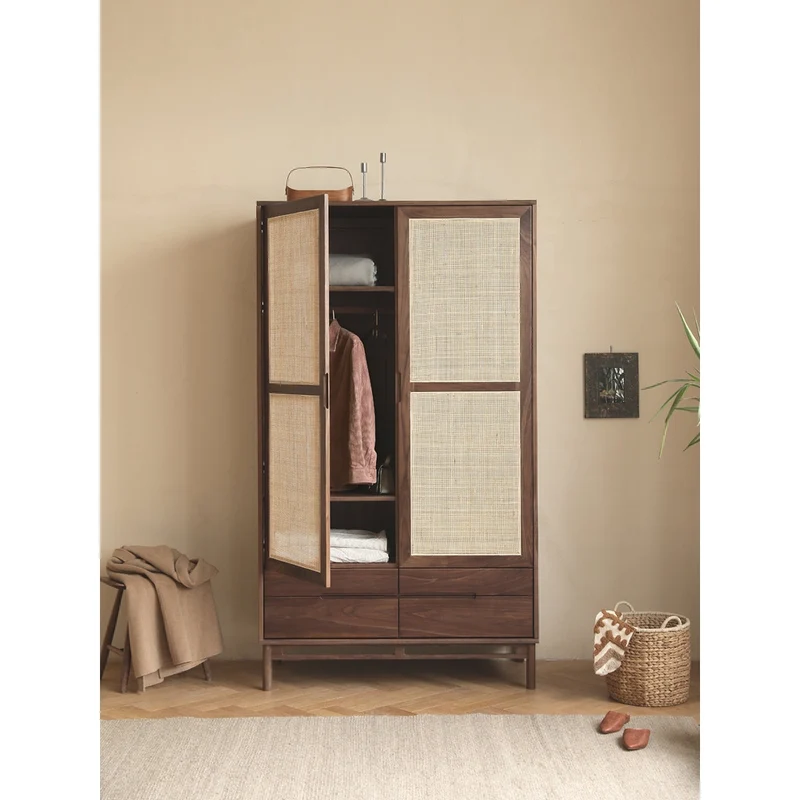 Japandi Rattan Grid Solid Walnut Wood Wardrobe