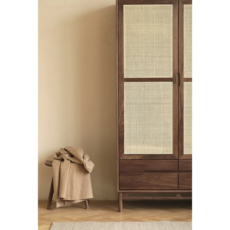 Japandi Rattan Grid Solid Walnut Wood Wardrobe