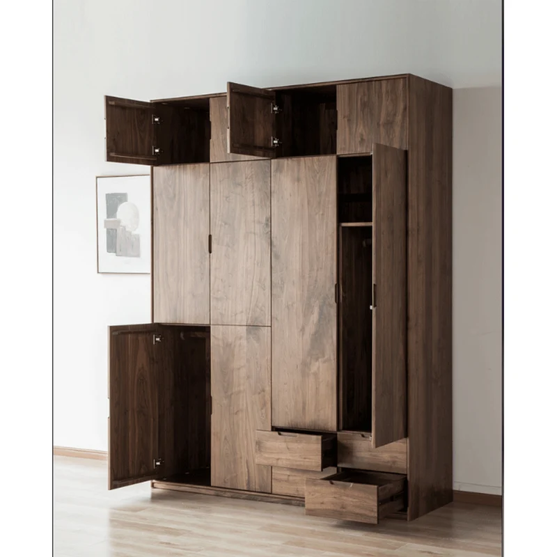 Large Multifunctional Layers Black Walnut Wood Wardrobe