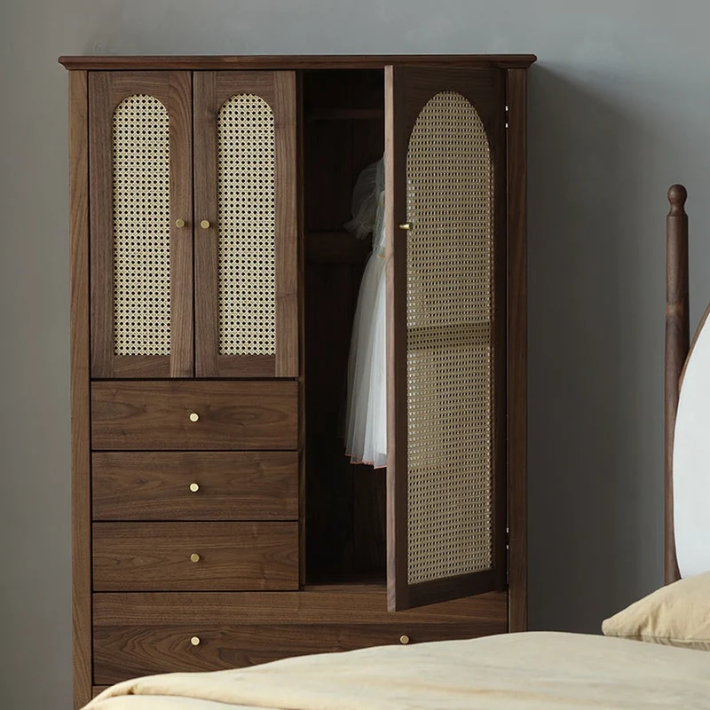 Chic Vintage Walnut Wood Wardrobe with Rattan Door