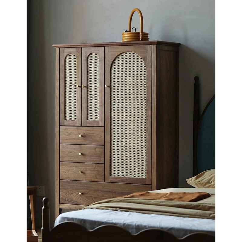 Chic Vintage Walnut Wood Wardrobe with Rattan Door