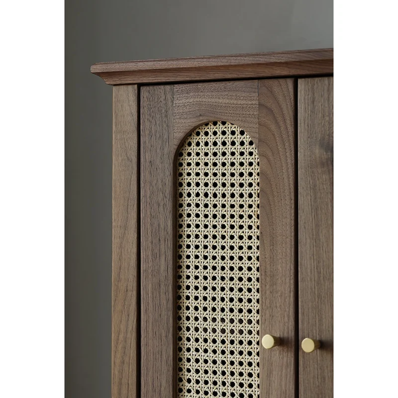 Chic Vintage Walnut Wood Wardrobe with Rattan Door