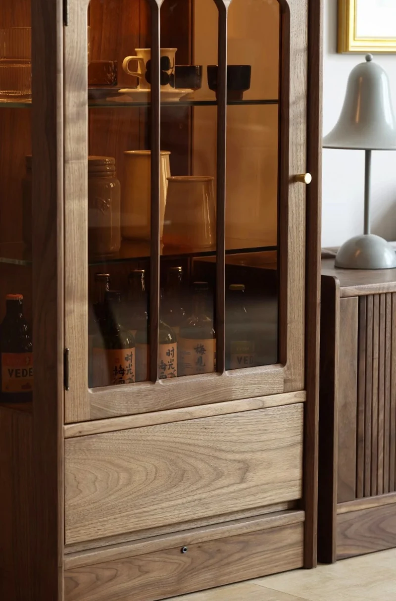 Epic Solid Walnut Wood Bar Wine Cabinet with Glass Door