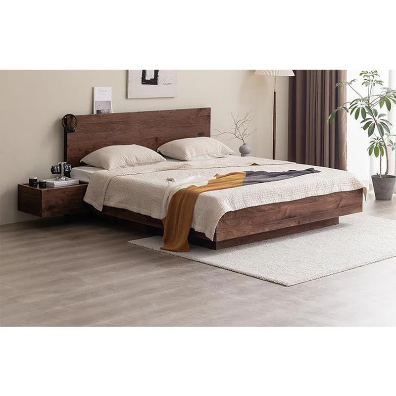 Modern Walnut Wood Platform Bed with Storage