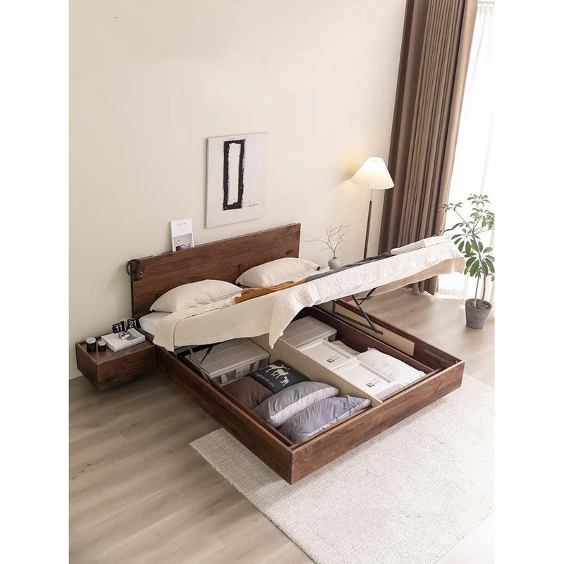 Modern Walnut Wood Platform Bed with Storage