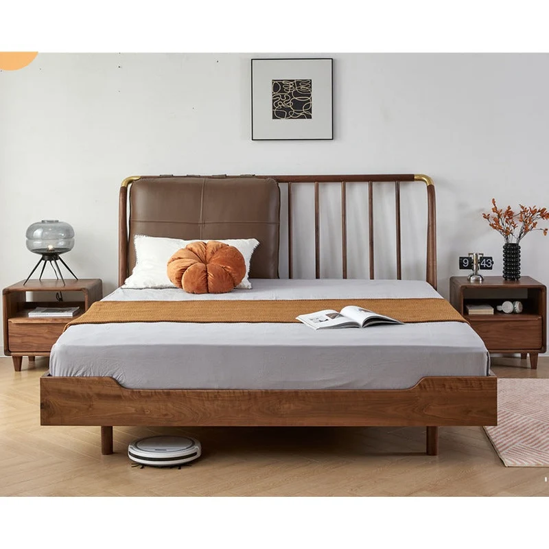 Essence Walnut Wood Bed Frame with Two Cushions on Headboard