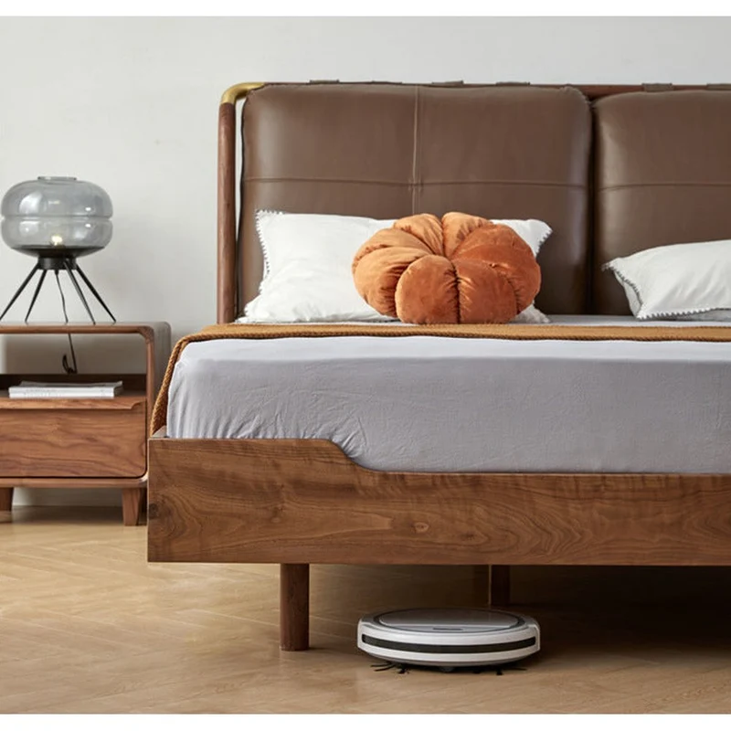 Essence Walnut Wood Bed Frame with Two Cushions on Headboard