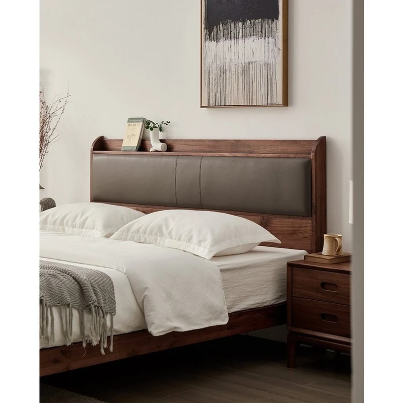 Solid Black Walnut Wood Bed Frame with Leather Headboard