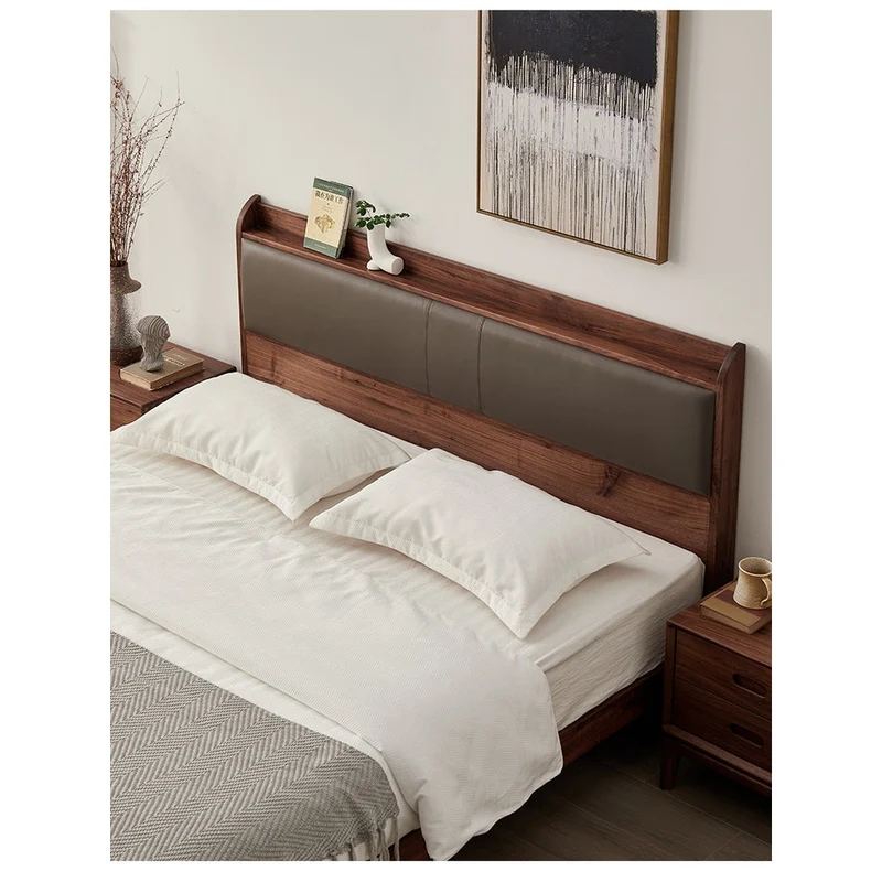 Solid Black Walnut Wood Bed Frame with Leather Headboard