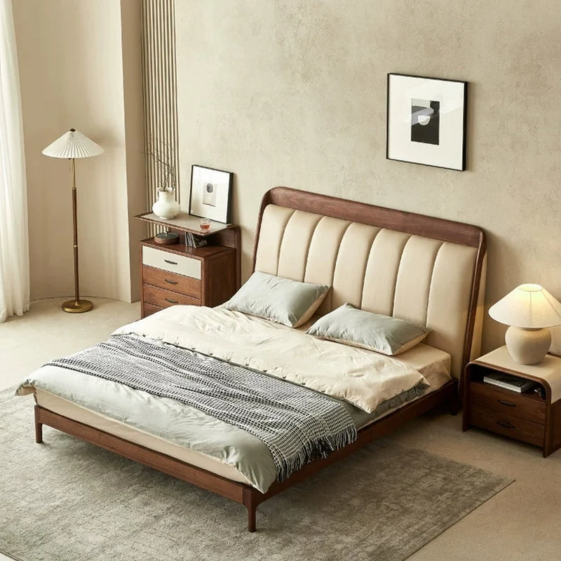 New Modern Solid Black Walnut Wood Real Leather Bed