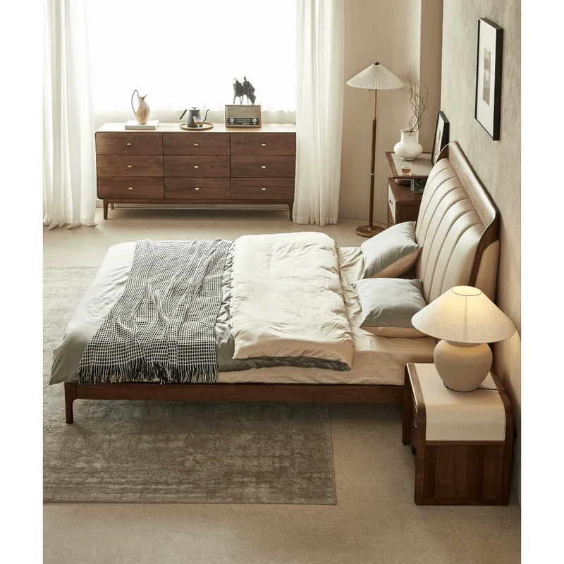New Modern Solid Black Walnut Wood Real Leather Bed