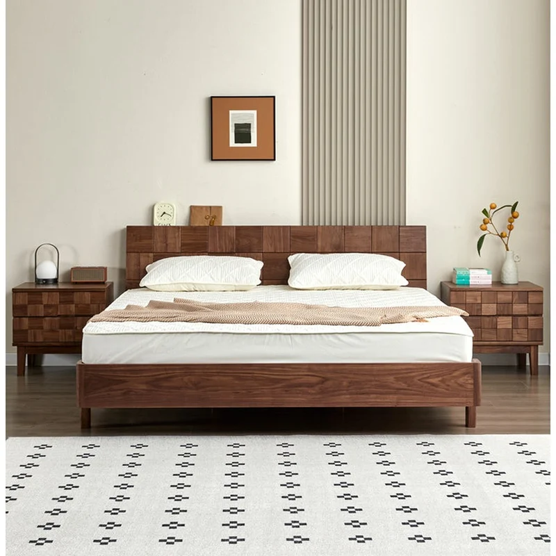 Celestial Solid Black Walnut Wood Bed with Grid Headboard