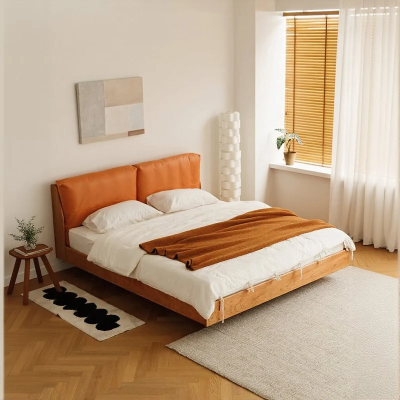 Harmonia Solid Cherry Wood Real Leather Bed