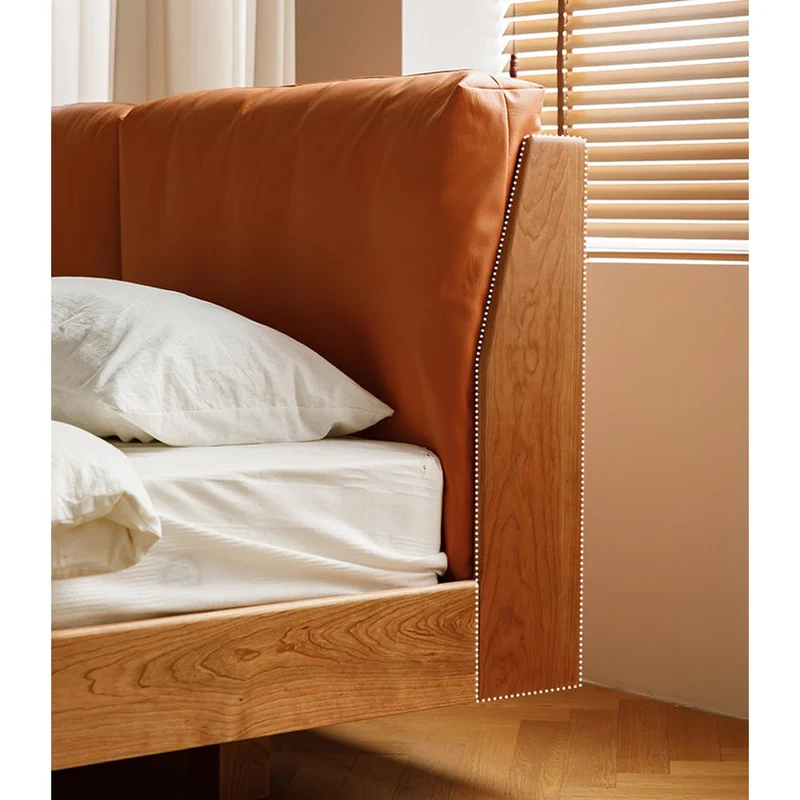 Harmonia Solid Cherry Wood Real Leather Bed