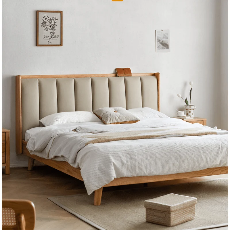 Legacy Oak Wood Real Leather Bed Frame