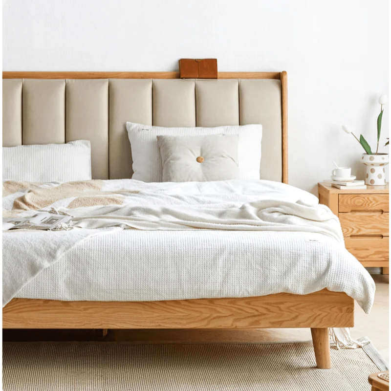 Legacy Oak Wood Real Leather Bed Frame