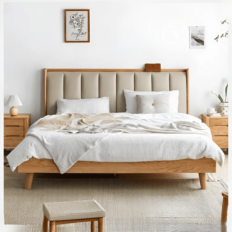 Legacy Oak Wood Real Leather Bed Frame