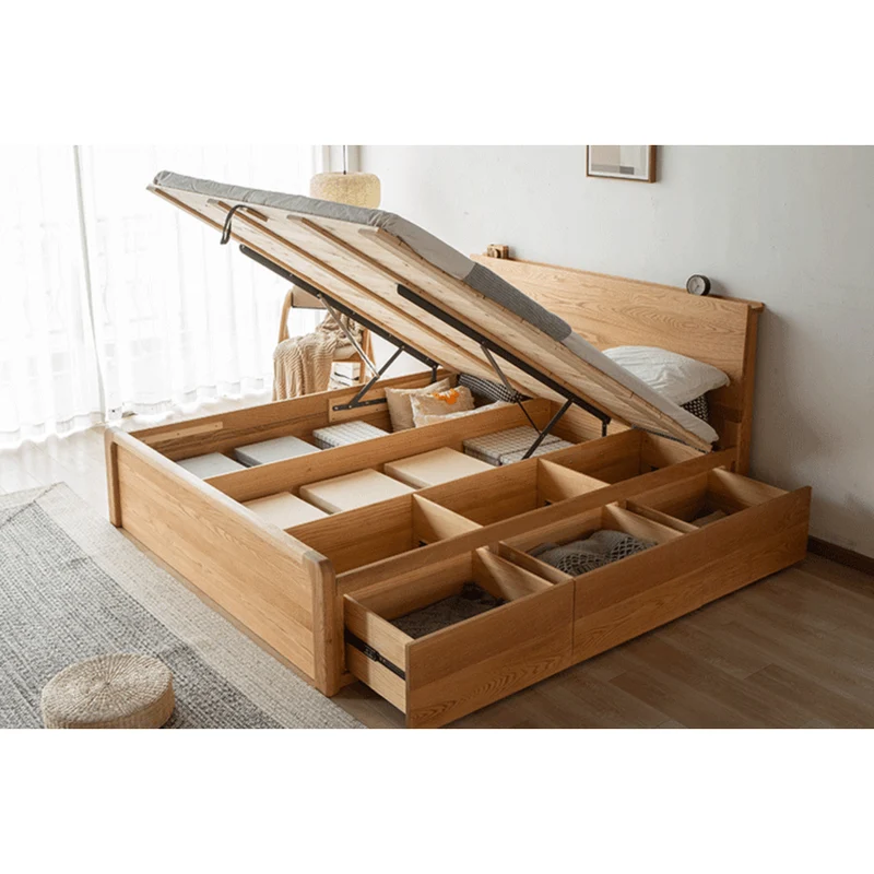 Large Oak Wood Hydraulic Bed with Storage Compartments