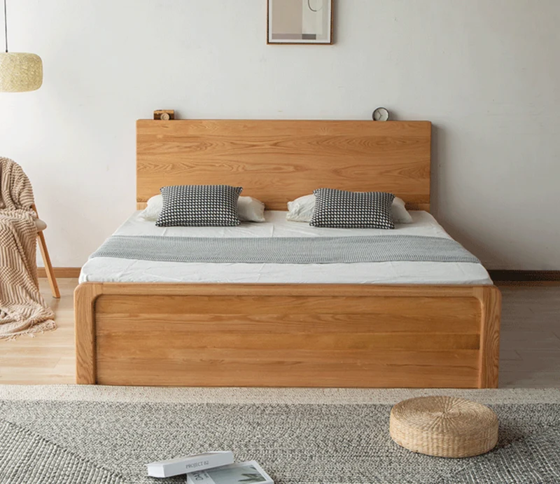 Large Oak Wood Hydraulic Bed with Storage Compartments