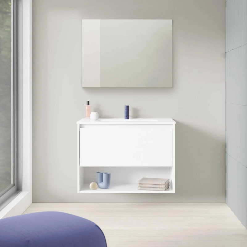 Mueble de baño NIWA de Royo | Suspendido 1 Cajón + Estante + Lavabo Cerámico Enzo