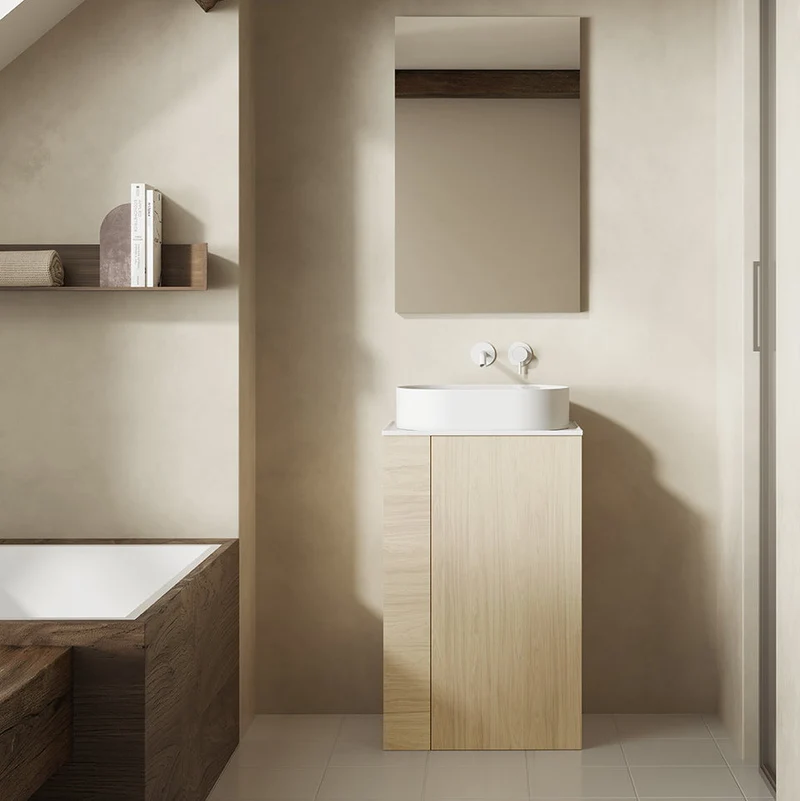 Mueble de baño BASSI de Royo con Encimera | Fondo Reducido de 1 Puerta con estante y toallero