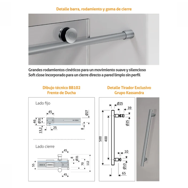 Mampara Kassandra Babilon 102, Frontal de 1 Fijo con 1 Corredera en Inox Cepillado. Opción de Lateral Fijo