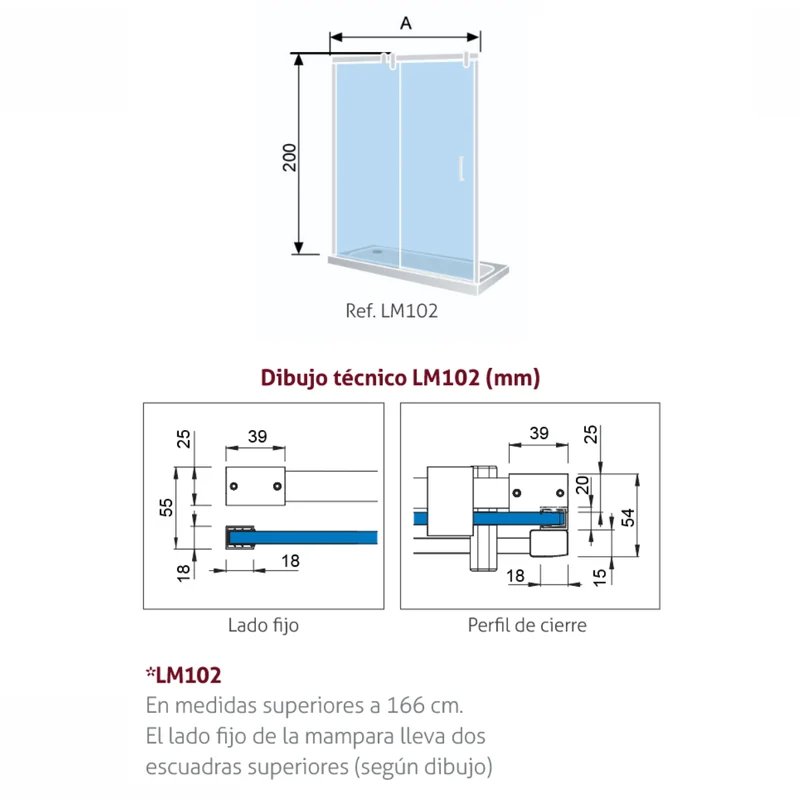 Mampara de Ducha Kassandra Slim LM102, Frontal 1 Fijo con 1 Corredera en Acero Inoxidable