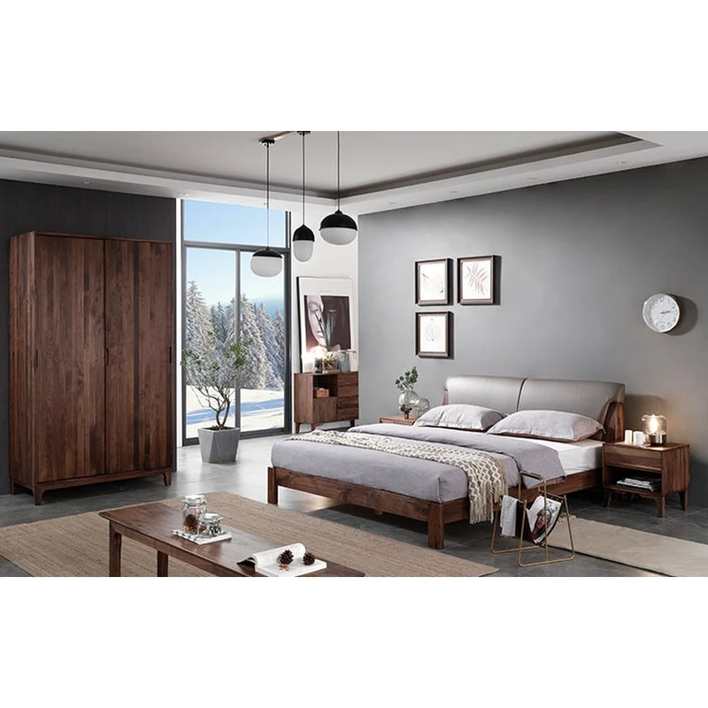 Summit Nordic Solid Walnut Wood Leather Bed Frame