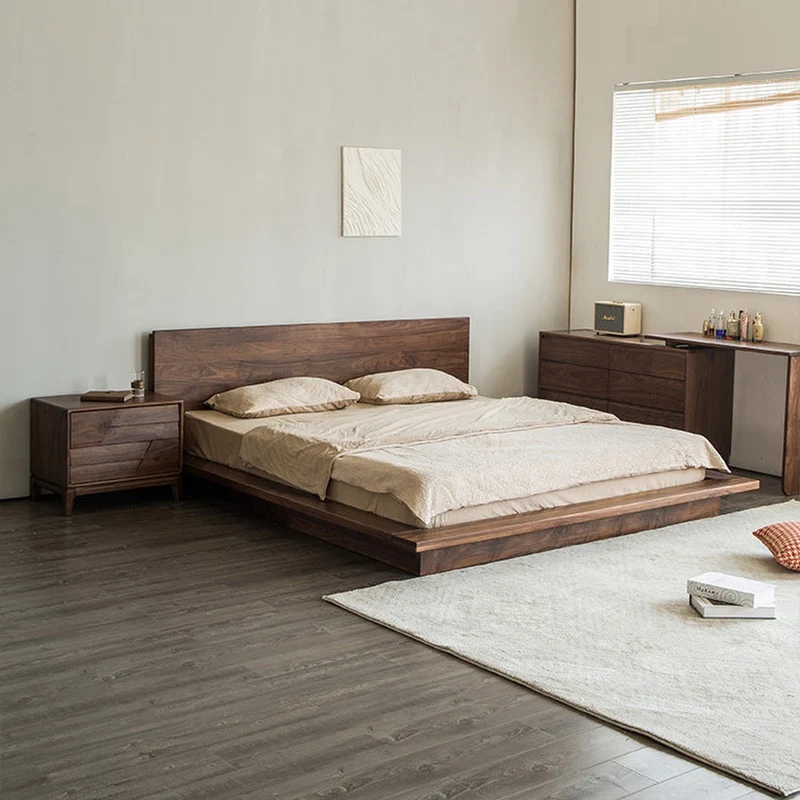 Japandi Black Walnut Wood Low Flat Tatami Platform Bed