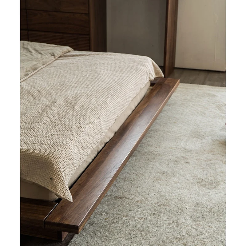 Japandi Black Walnut Wood Low Flat Tatami Platform Bed