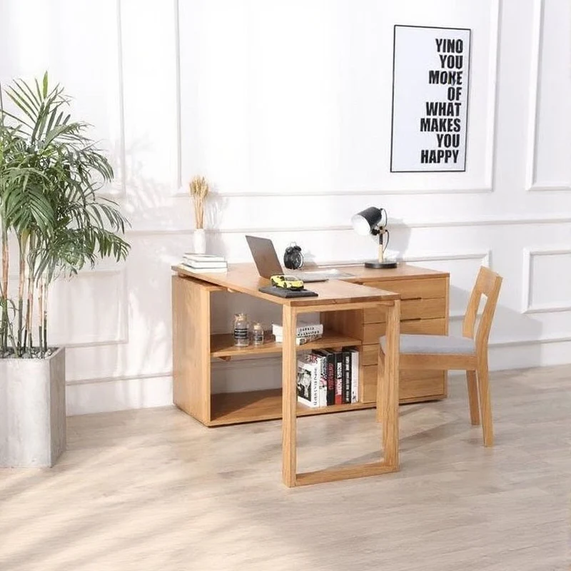 Versatile L-Workspace White Oak Wood Desk