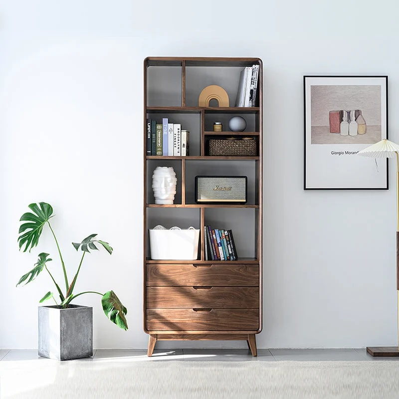 Narrow Solid Multi-Layers Walnut Wood Bookcase