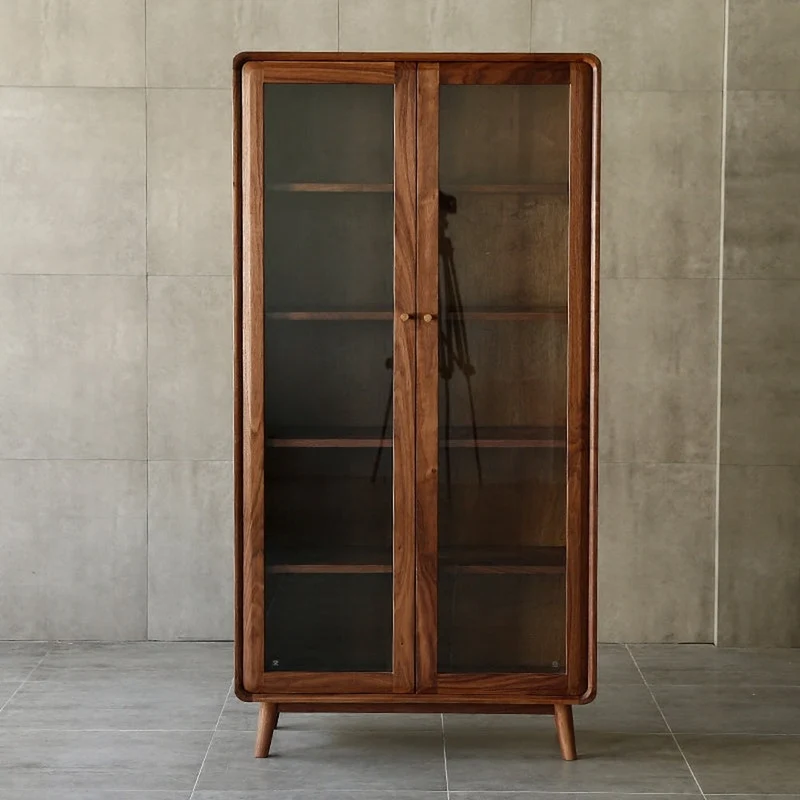 Nordic Walnut Bookcase with Glass Door