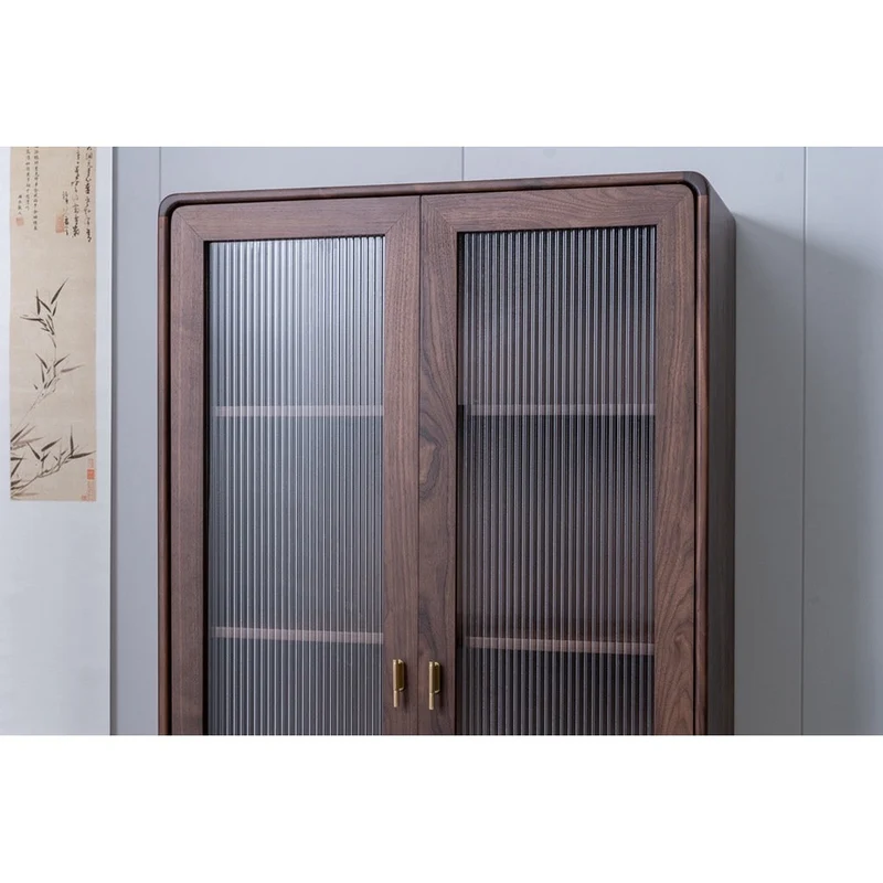 Big Tempered Blur Glass Tall Walnut Wood Bookcase