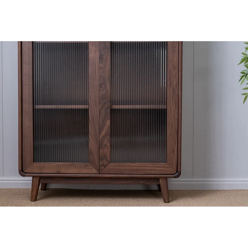 Big Tempered Blur Glass Tall Walnut Wood Bookcase