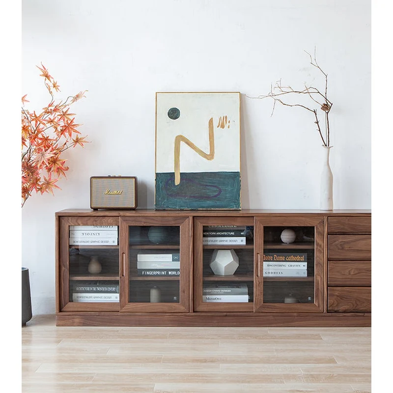 Sculpted Low Flat and Long Walnut Wood Bookcase