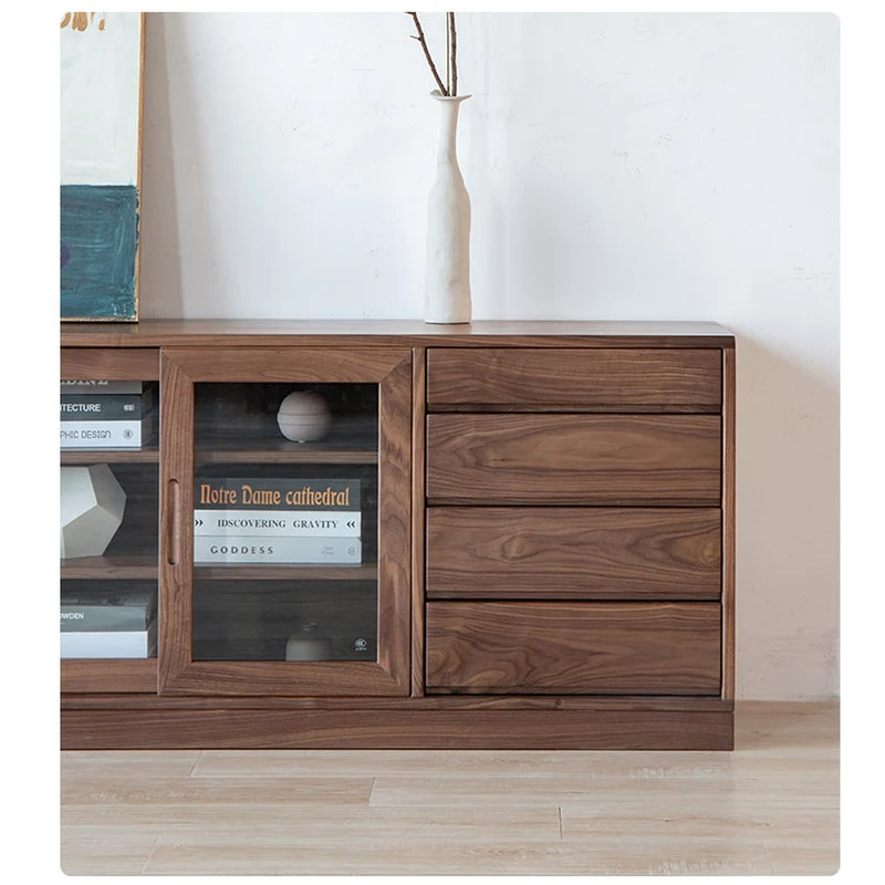 Sculpted Low Flat and Long Walnut Wood Bookcase