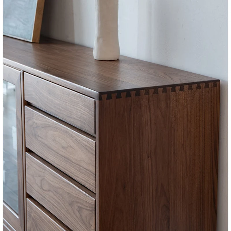 Sculpted Low Flat and Long Walnut Wood Bookcase