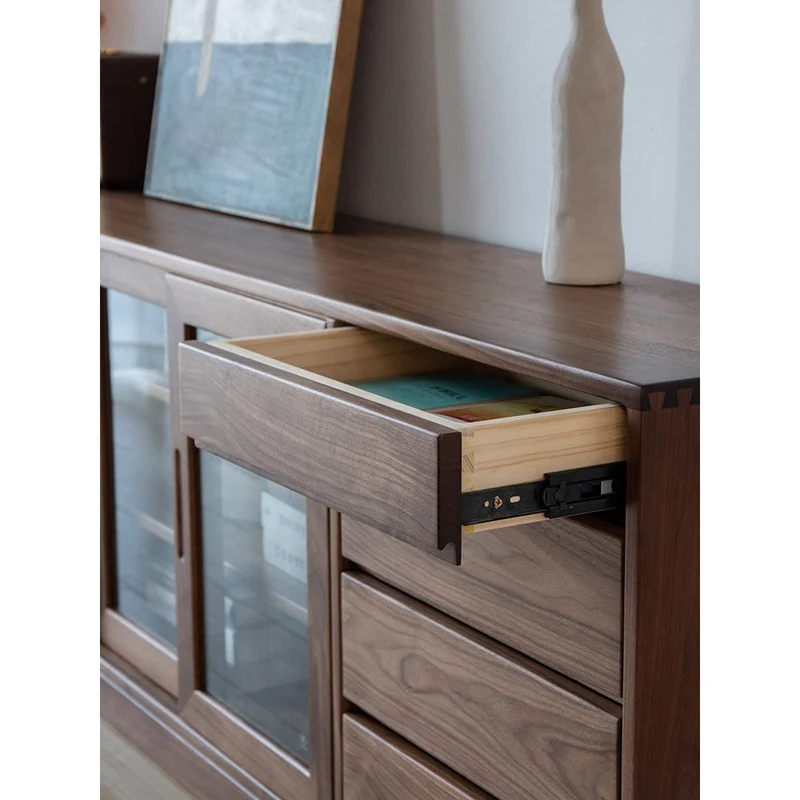 Sculpted Low Flat and Long Walnut Wood Bookcase