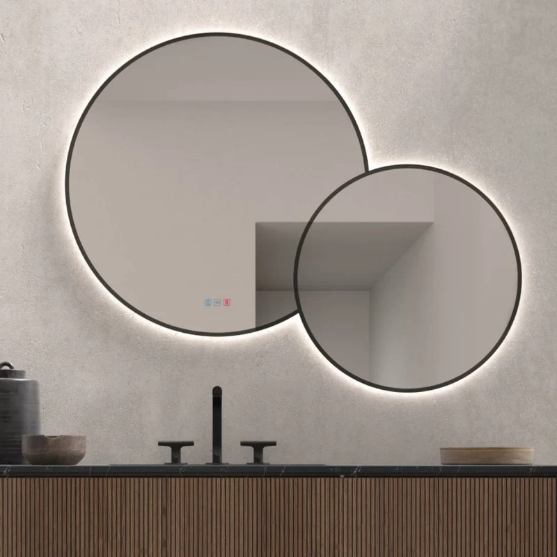 Espejo LED PÓPULO Dyled 120x95 cm – Antivaho, Luz Regulable y Marco Negro Moderno