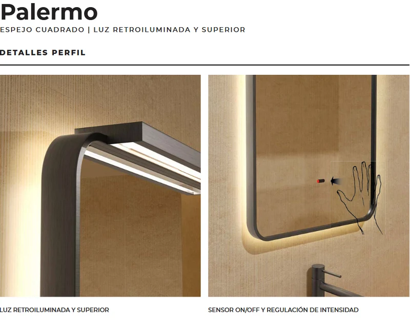 Espejo LED PALERMO Ledimex 40x120 cm| Cuadrado con Luz Superior y Retroiluminada, Antivaho y Regulador