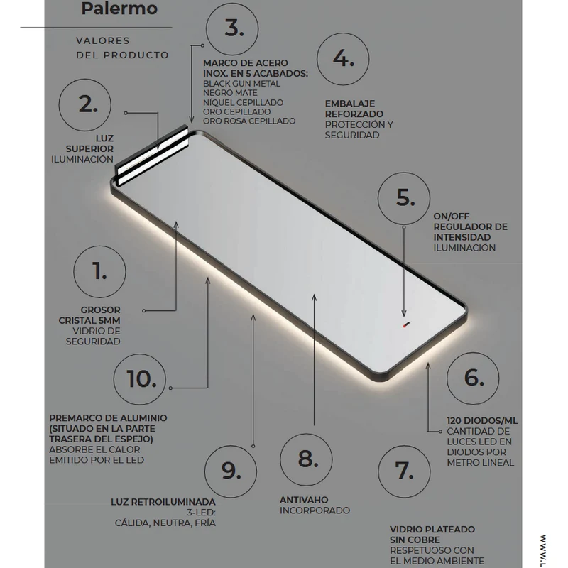 Espejo LED PALERMO Ledimex 40x120 cm| Cuadrado con Luz Superior y Retroiluminada, Antivaho y Regulador